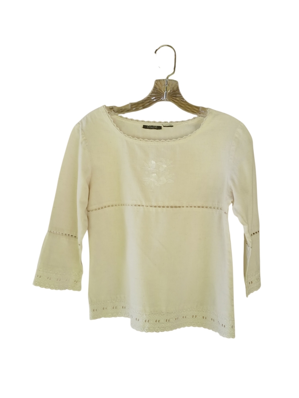 Coupe Off White Crew Neck Embroidered 3/4 Sleeve Linen Tunic Size XS